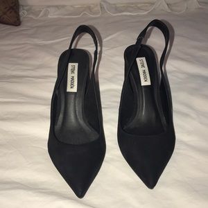 Black sling back block heels